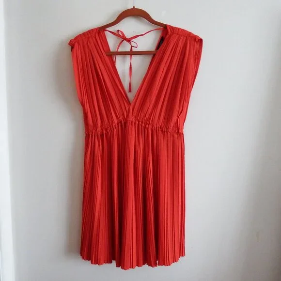 Zara | Dresses | Nwot Zara Red Pleated Deepv Neckline Mini Dress M |  Poshmark